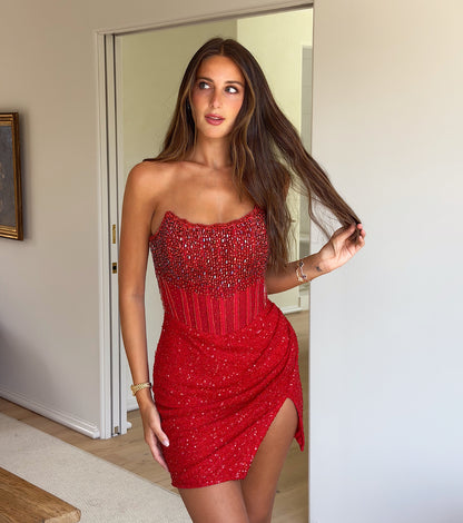 Beaded Corset Strapless Mini Dress with Slit