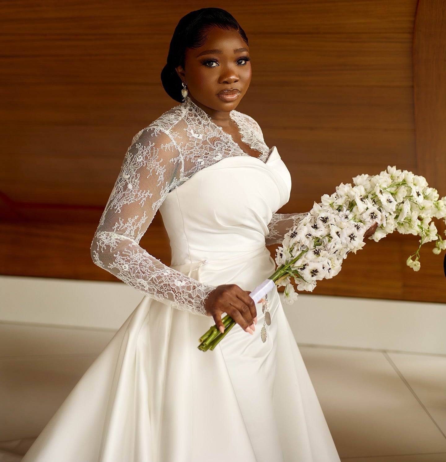 Lace Long Sleeve Satin Wedding Dress with Overskirt