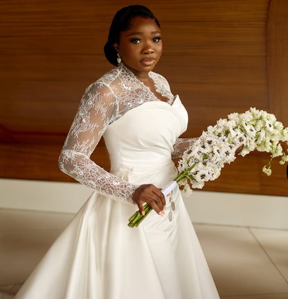 Lace Long Sleeve Satin Wedding Dress with Overskirt