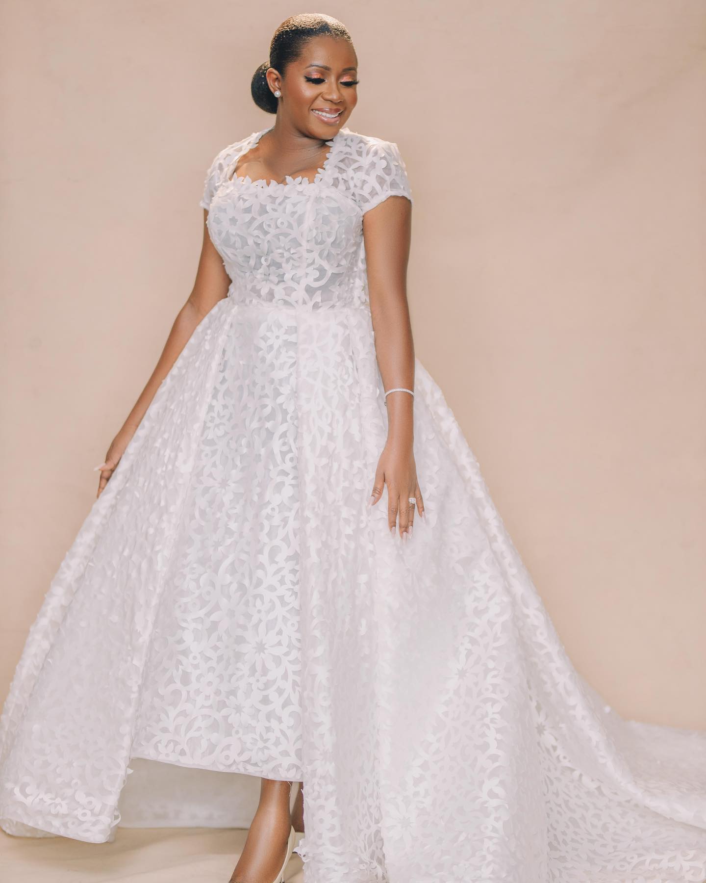 High-Low Lace A-Line Wedding Dress with Cap Sleeves