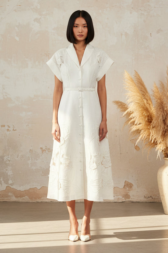 Embroidered 3D Floral Midi Shirt Dress