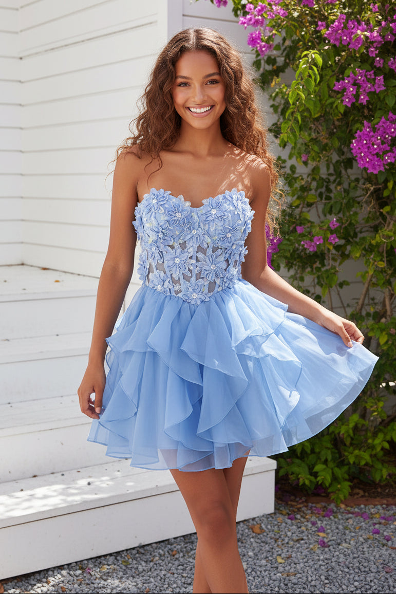 Strapless 3D Floral Corset Tiered Ruffle Mini Dress