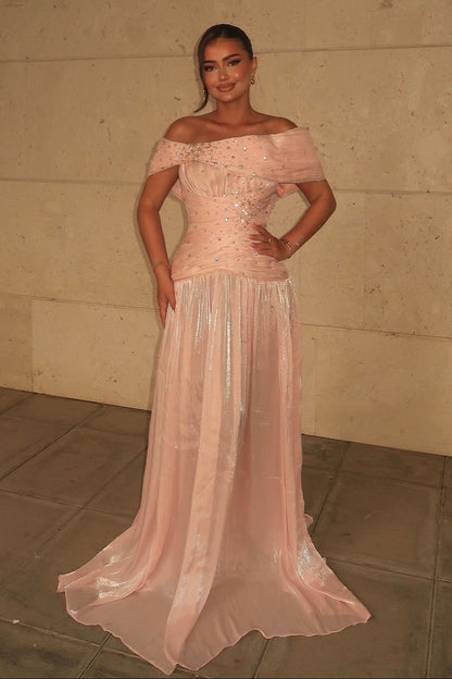 Off-the-Shoulder Ruched Gown with Rhinestones