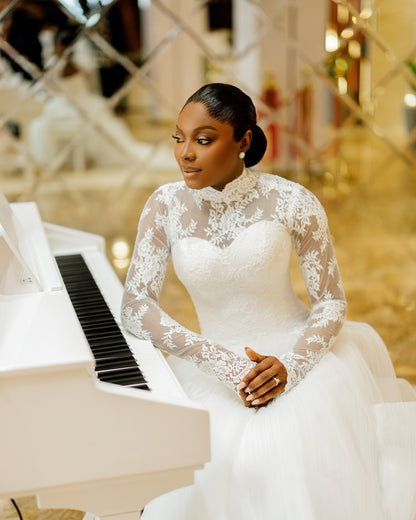 High Neck Lace Long Sleeve Ball Gown Wedding Dress