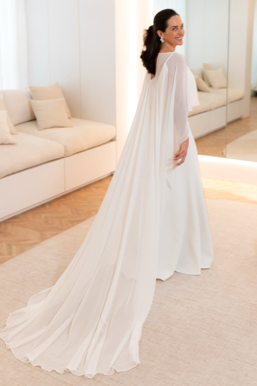 Minimalist Crepe Wedding Dress with Sheer Chiffon Cape