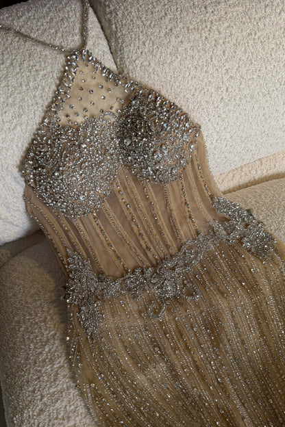 Halter Rhinestone Corset Sheer Maxi Gown