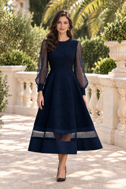 A-Line Midi Dress with Sheer Sleeves and Mesh Hem