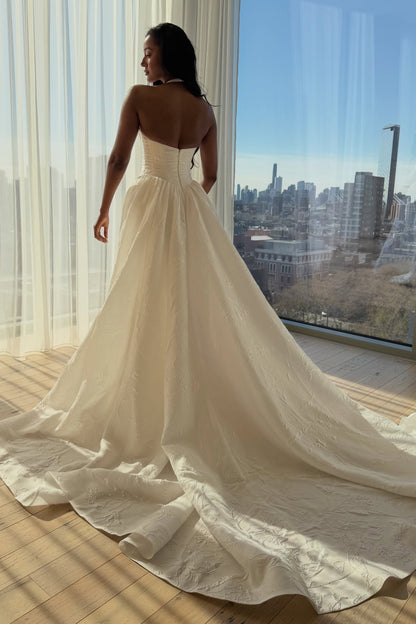 Floral Jacquard Halter Wedding Dress with Train