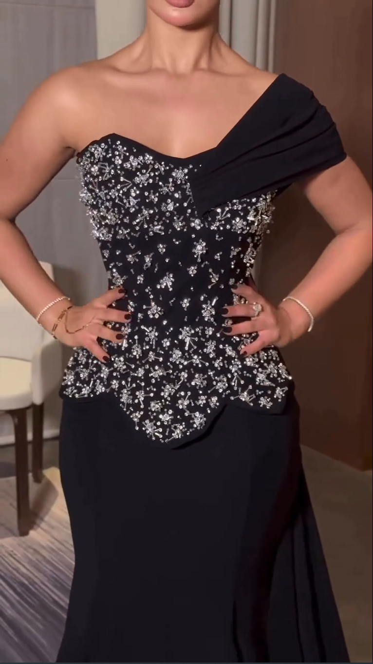 Beaded Peplum Bodice Gown with Drape