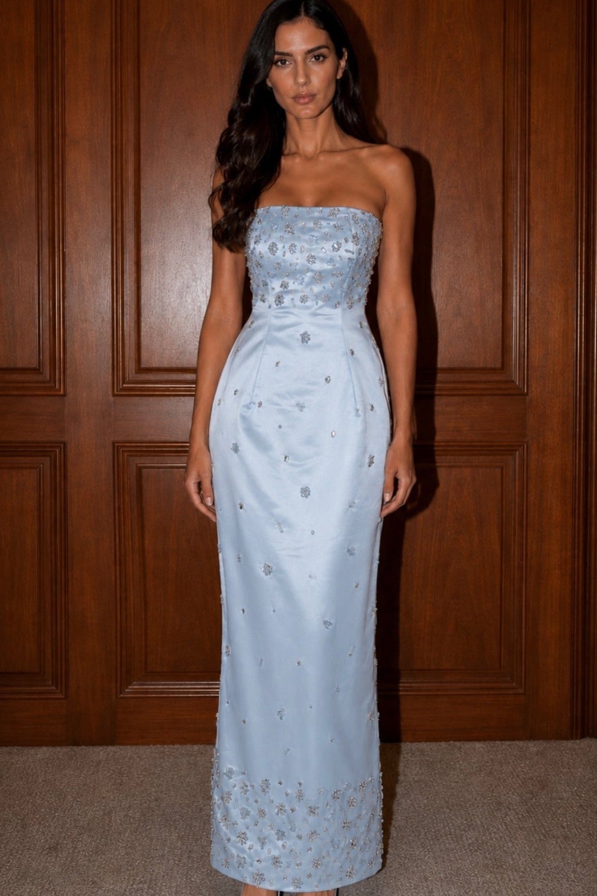 Strapless Embellished Column Gown with Lace-Up Back