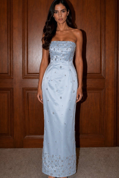 Strapless Embellished Column Gown with Lace-Up Back