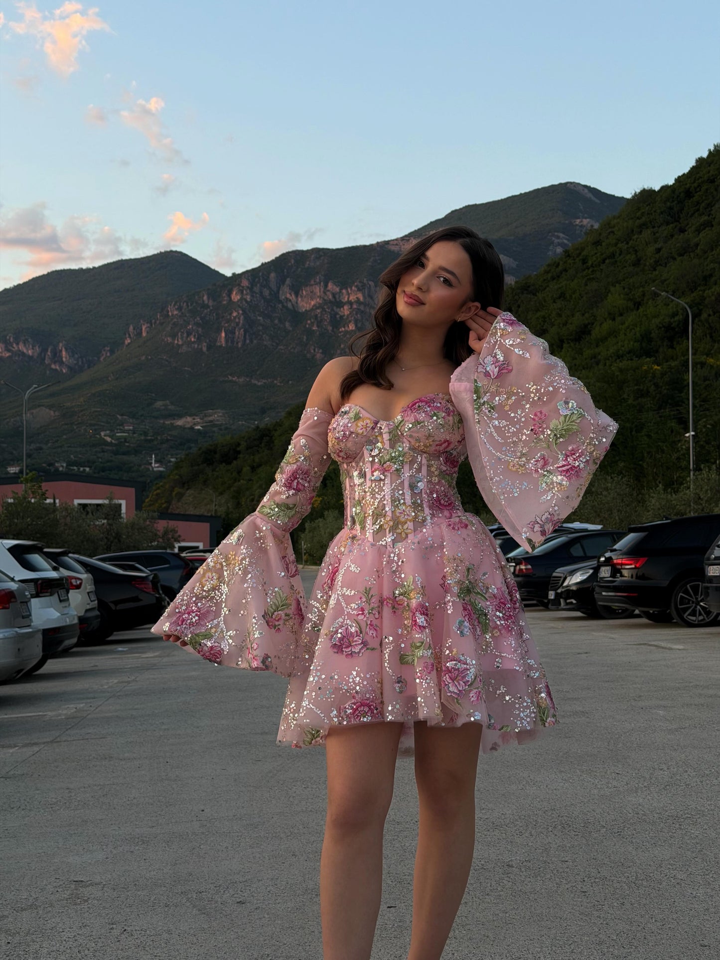 Floral Embroidered Corset Mini Dress with Bell Sleeves