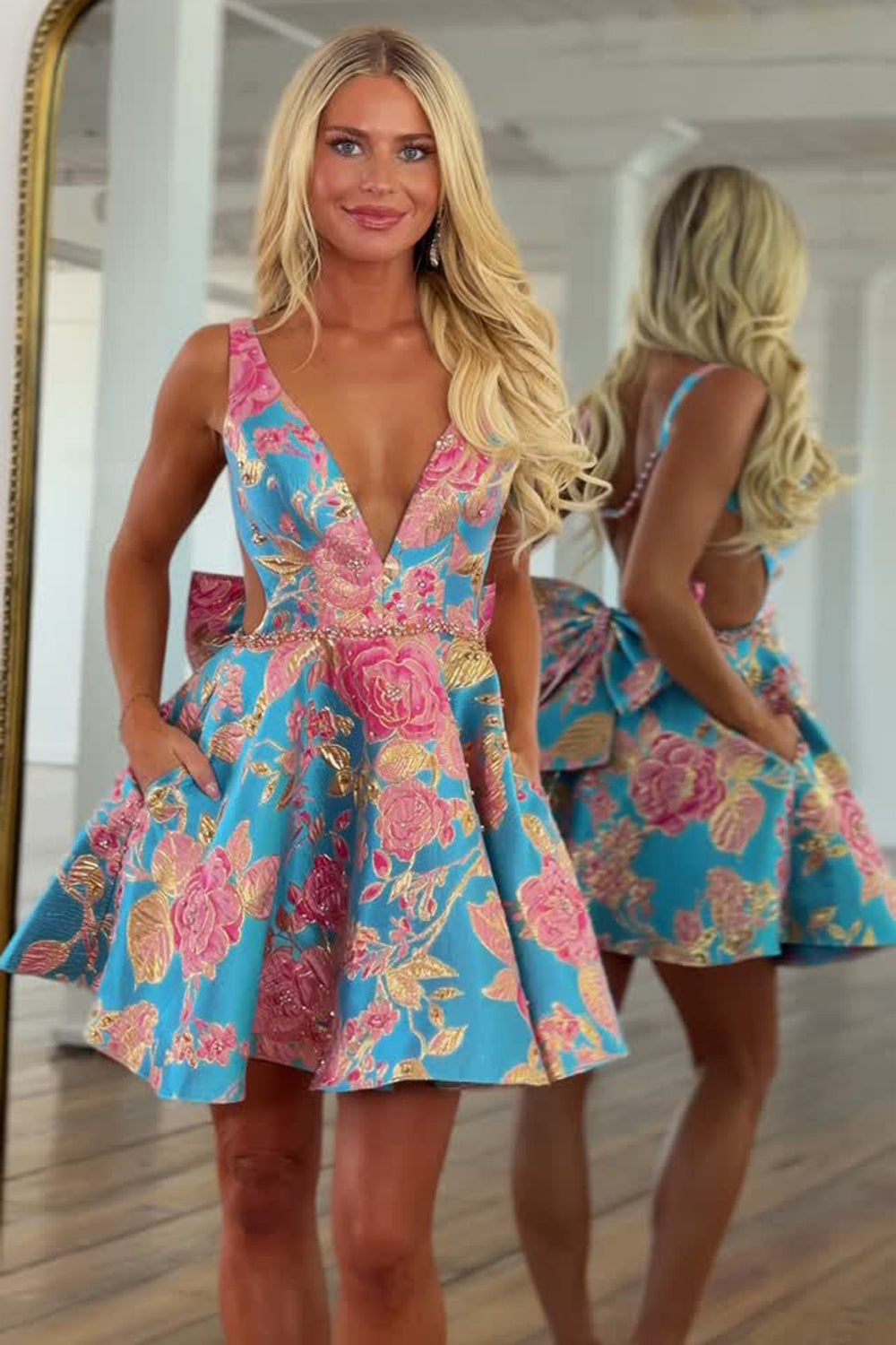 Floral Jacquard Deep V-Neck Open Back Dress