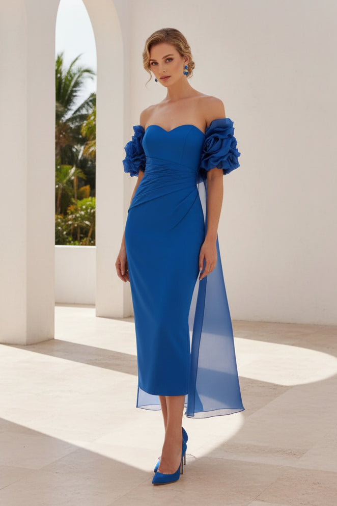 Off Shoulder Sweetheart Midi Dress with Organza Cape