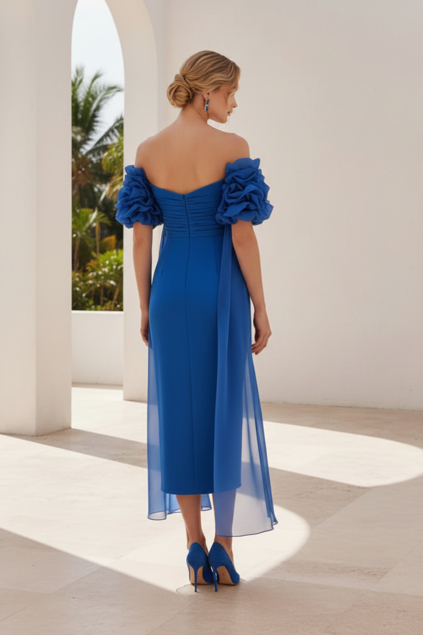 Off Shoulder Sweetheart Midi Dress with Organza Cape