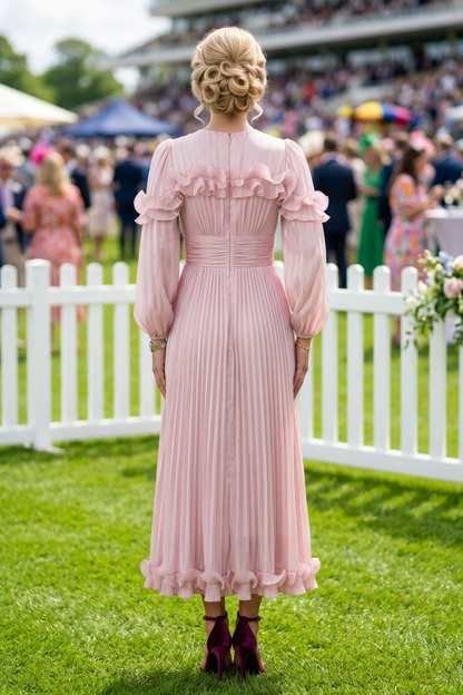 Pleated Ruffle Midi Dress with Bishop Sleeves