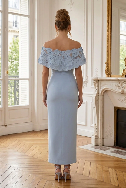 Off-the-Shoulder Floral Appliqué Column Dress