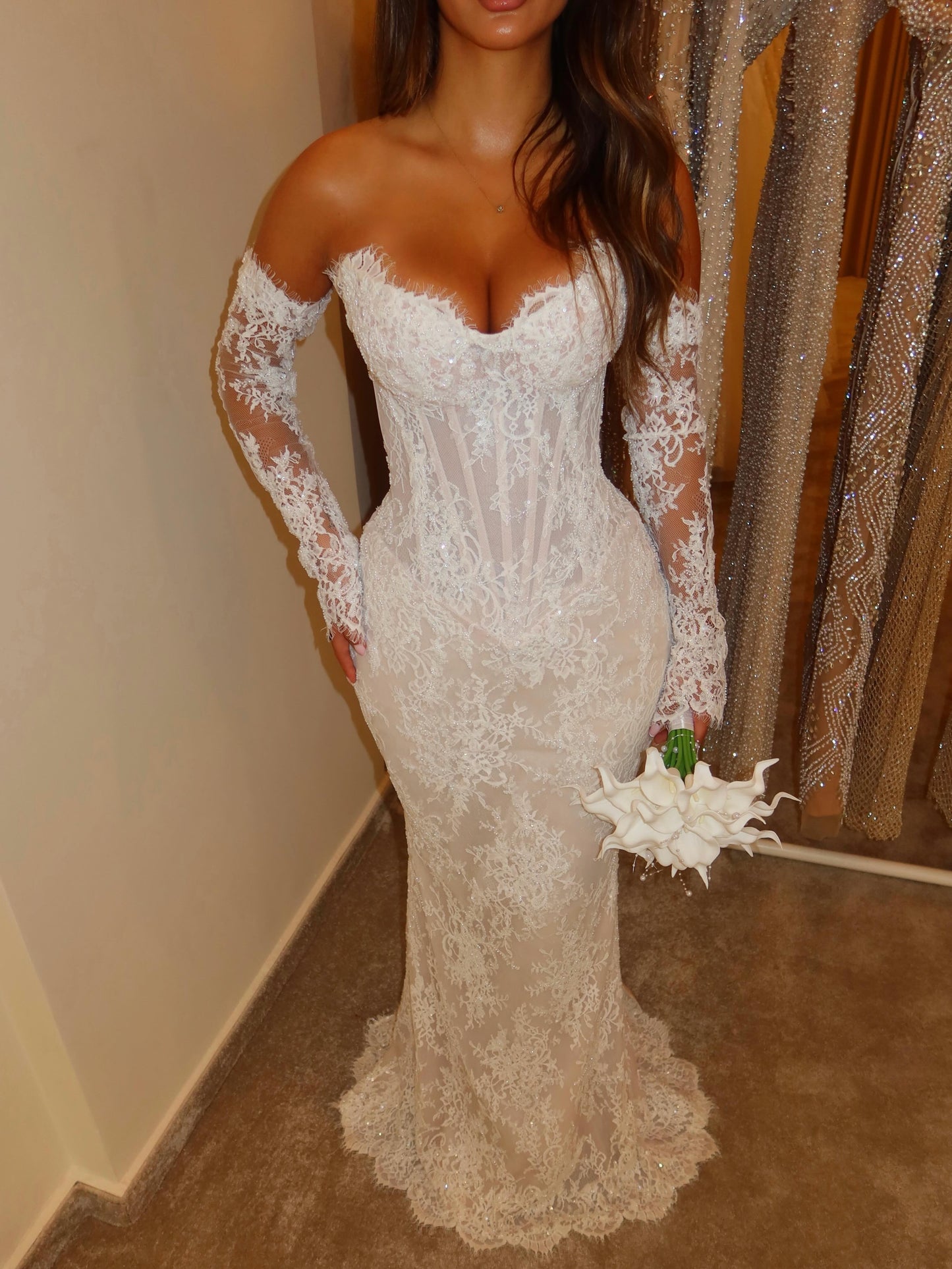 Lace Mermaid Corset Wedding Dress with Long Sleeves