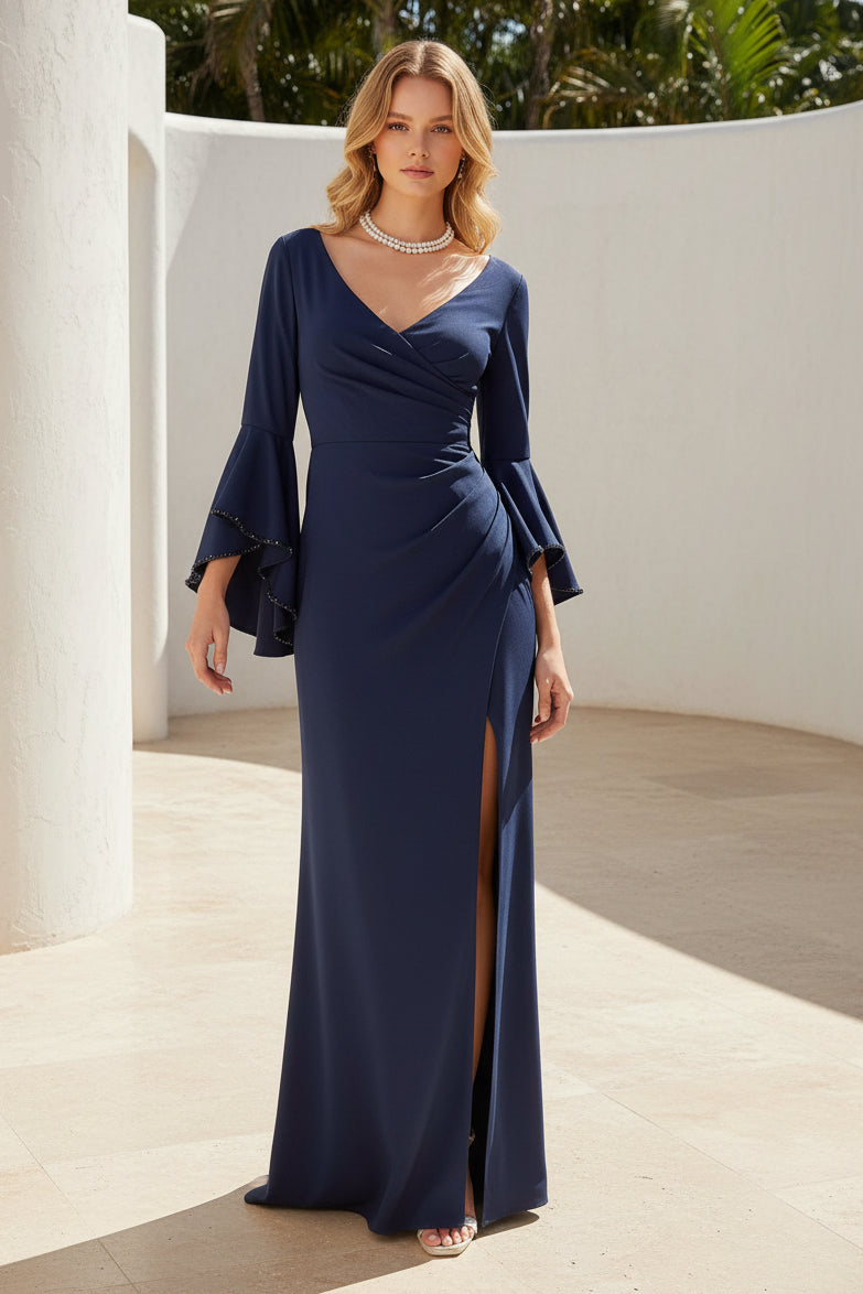 V-Neck Bell Sleeve Slit Evening Gown