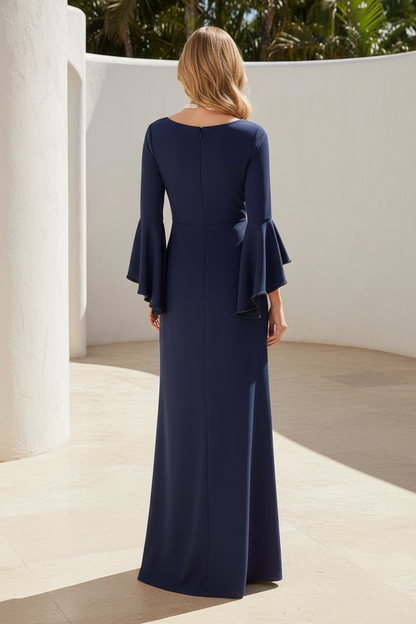 V-Neck Bell Sleeve Slit Evening Gown