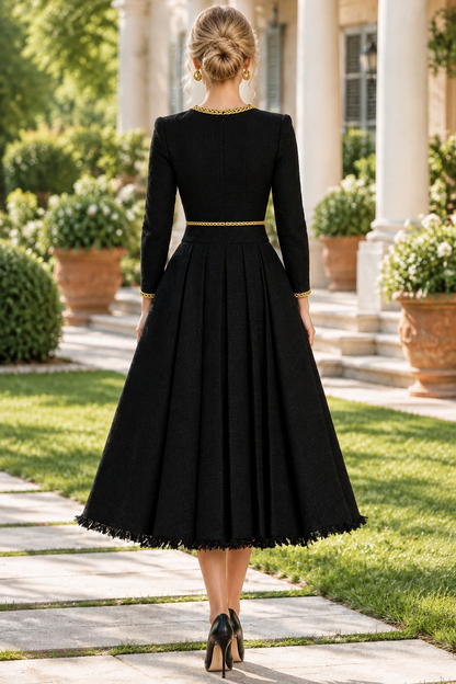 Braided Trim Pleated Midi Dress with Pockets