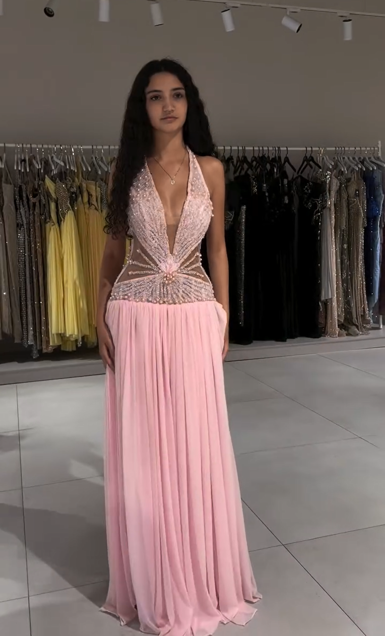 Beaded Halter Cut-Out Evening Gown with Pleated Skirt