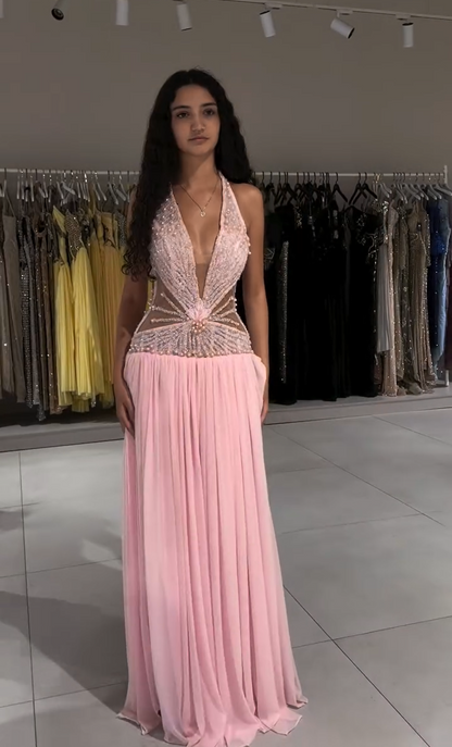 Beaded Halter Cut-Out Evening Gown with Pleated Skirt