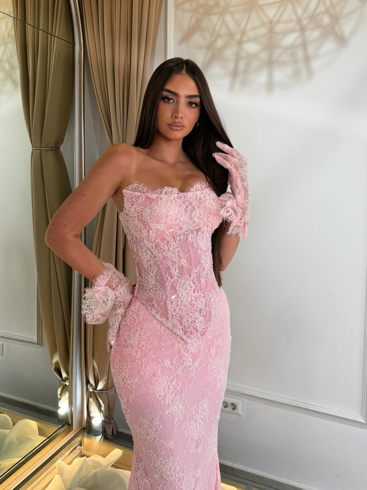 Strapless Lace Mermaid Evening Gown with Corset Bodice