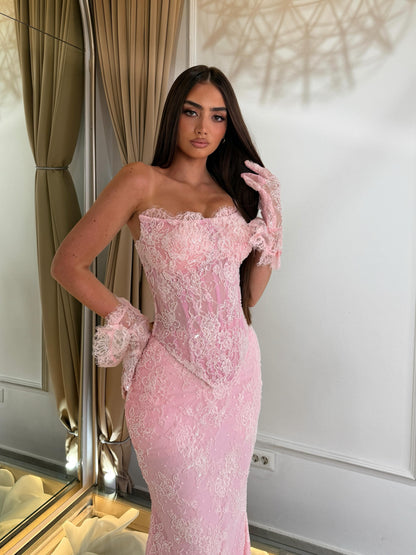 Strapless Lace Mermaid Evening Gown with Corset Bodice