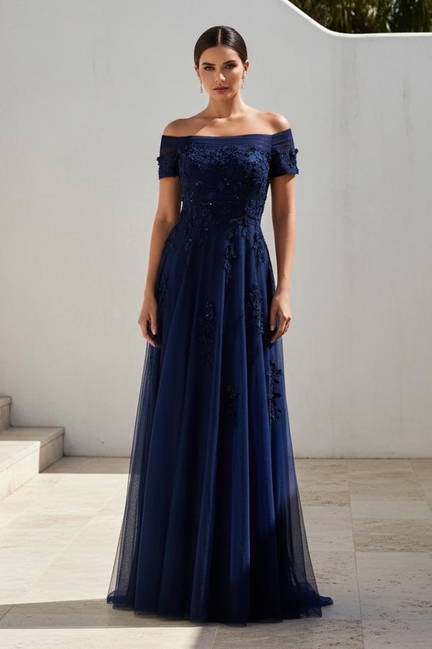 Off-Shoulder Appliqued Evening Gown
