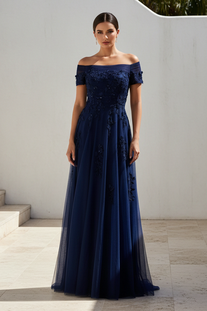 Off-Shoulder Appliqued Evening Gown