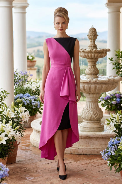 Asymmetric Colorblock Midi Dress with Side Drape