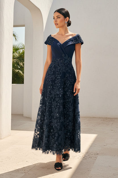 Off-the-Shoulder Tea-Length Lace Formal Dress