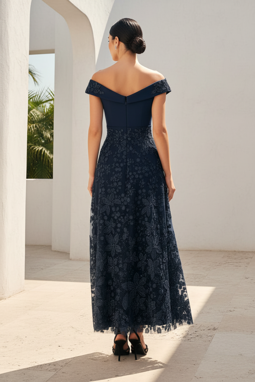 Off-the-Shoulder Tea-Length Lace Formal Dress