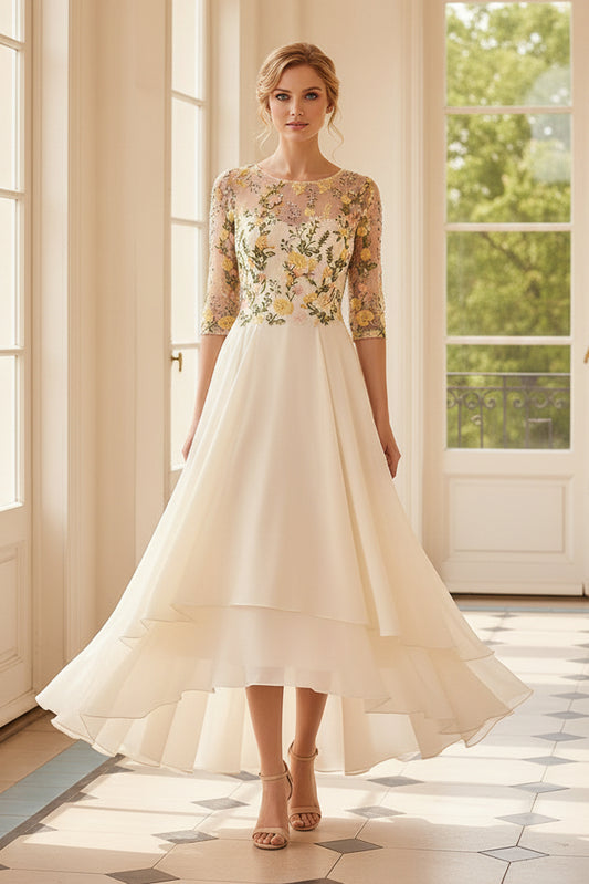Illusion Floral Embroidered High-Low A-Line Gown