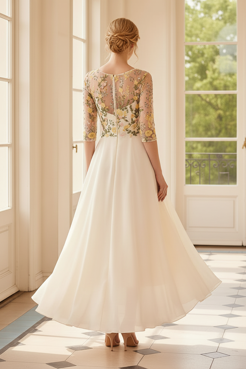 Illusion Floral Embroidered High-Low A-Line Gown