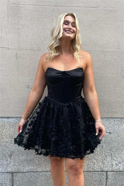Strapless Corset Mini Dress with 3D Floral Appliques