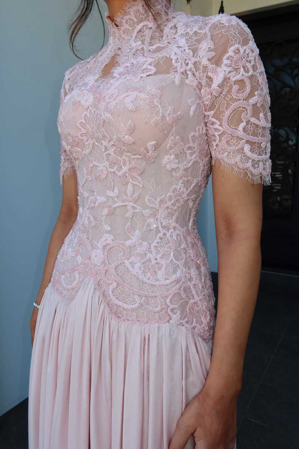 High Neck Lace Bodice A-Line Gown with Short Sleeves