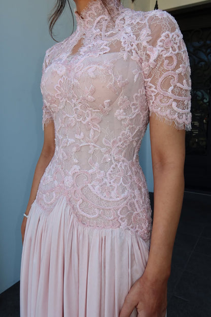 High Neck Lace Bodice A-Line Gown with Short Sleeves