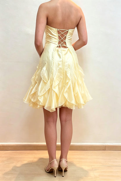 Strapless Ruffled Organza Mini Dress with Lace-Up Back