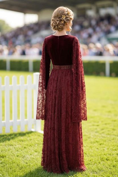 Velvet and Lace Cape-Sleeve Maxi Dress