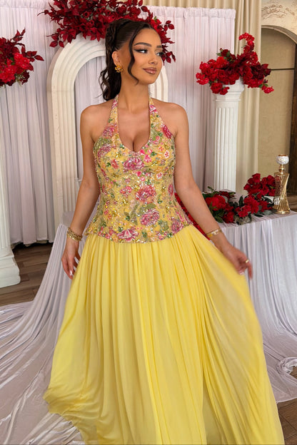 Embroidered Bodice Halter Gown with Chiffon Skirt