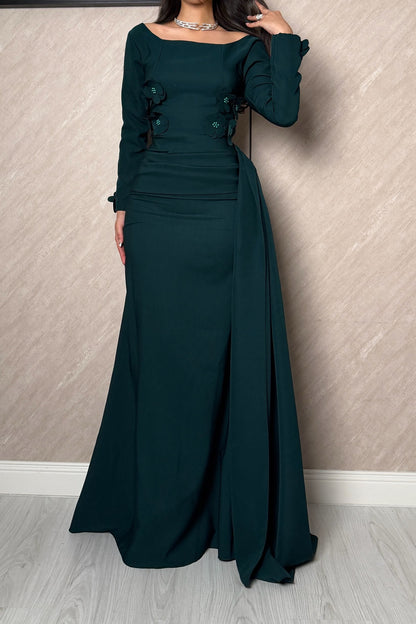 Long Sleeve Maxi Dress with Draped Side Train