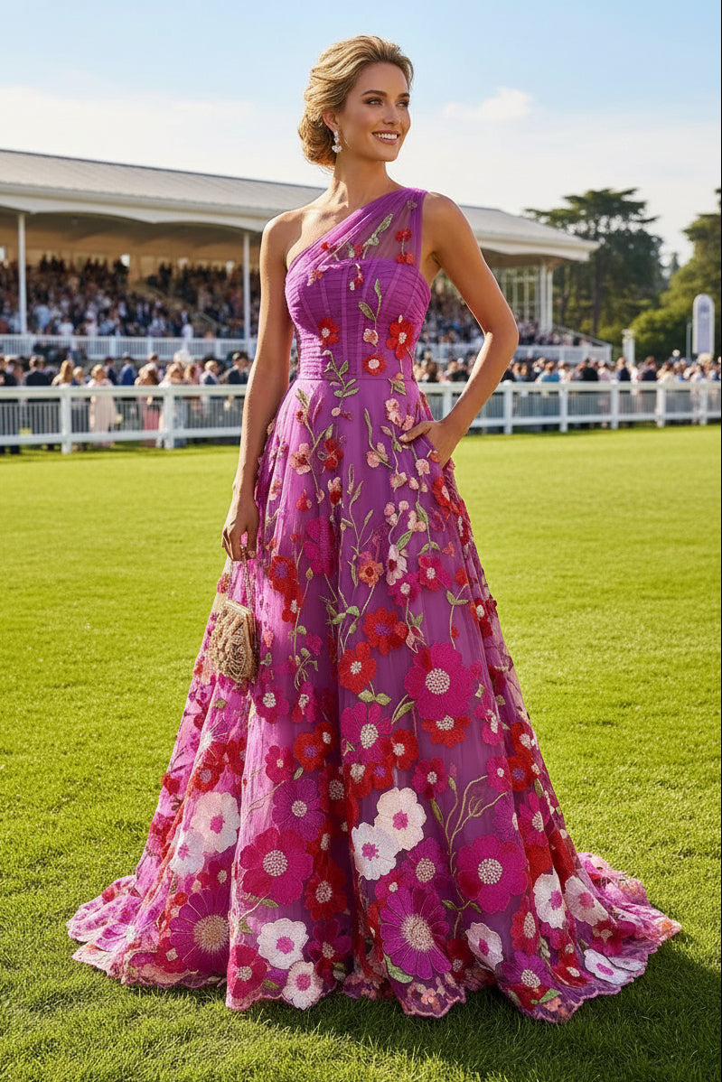 One-Shoulder Floral 3D Applique Gown with Pockets