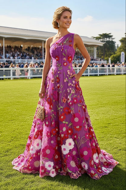 One-Shoulder Floral 3D Applique Gown with Pockets