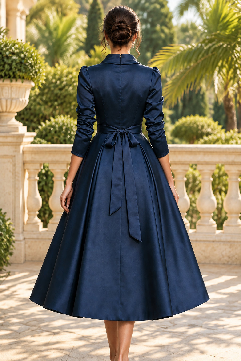 High Neck Satin Midi Dress with Tie Waist