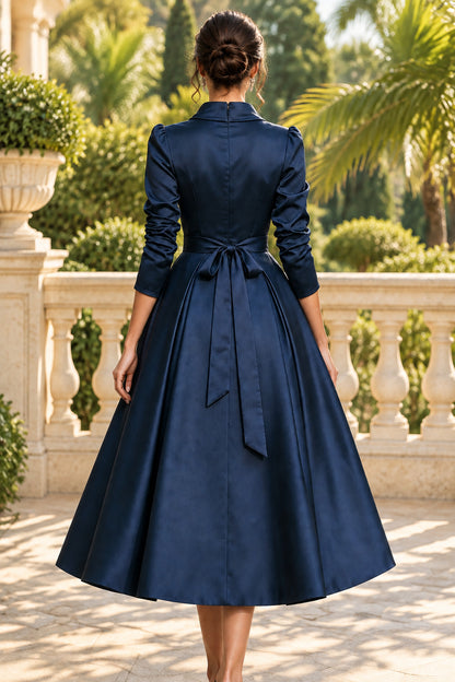 High Neck Satin Midi Dress with Tie Waist