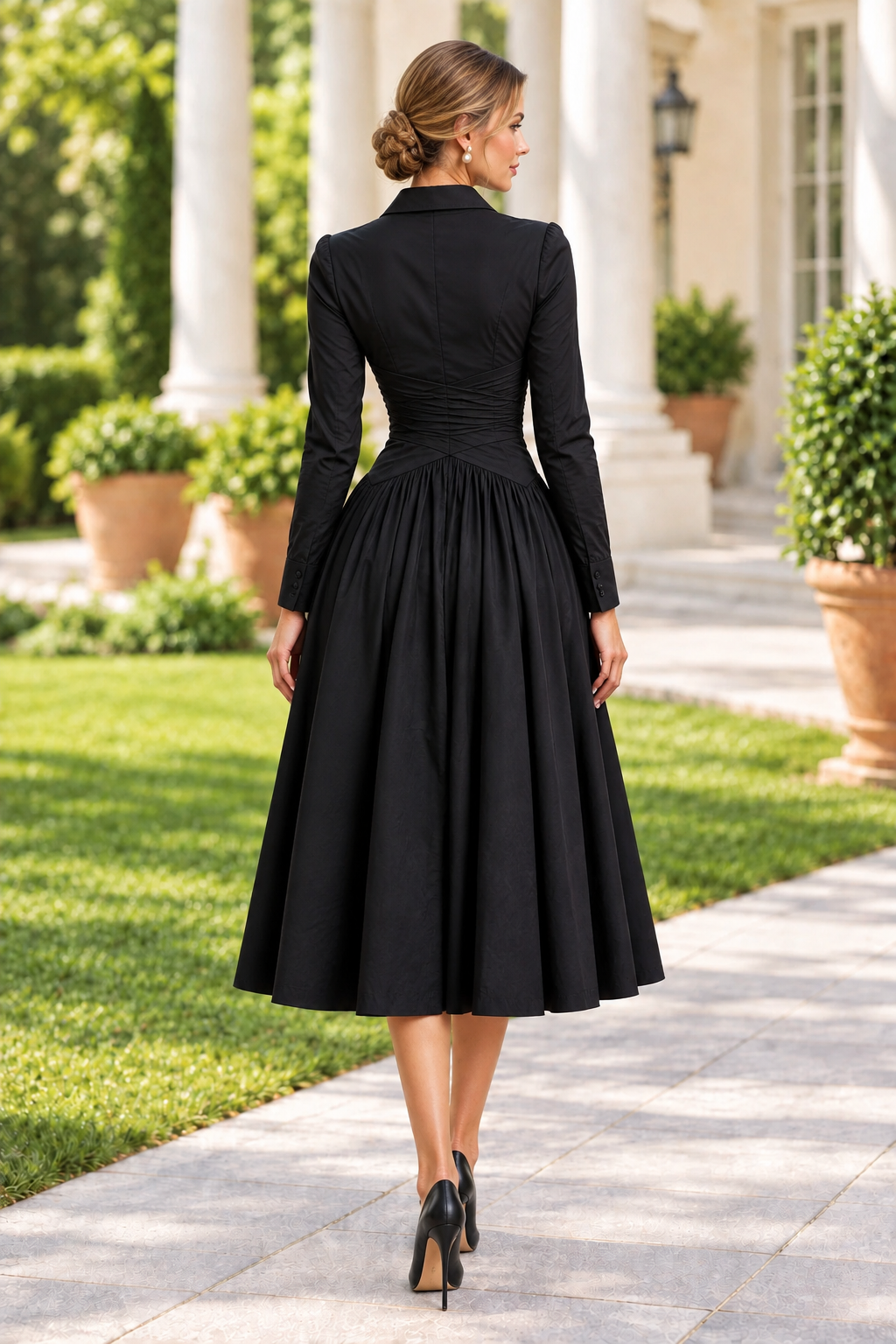 Ruched Wrap-Bodice Collared Midi Dress