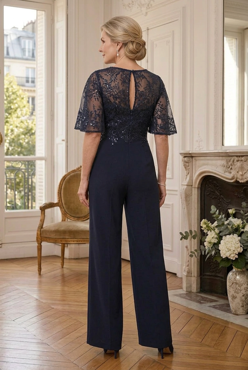 Lace Bodice Wide Leg Jumpsuit with Shoulder Drape