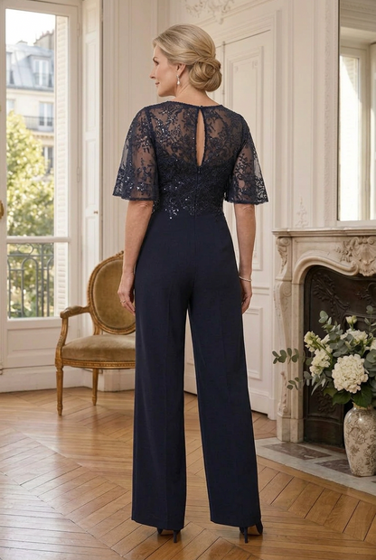 Lace Bodice Wide Leg Jumpsuit with Shoulder Drape